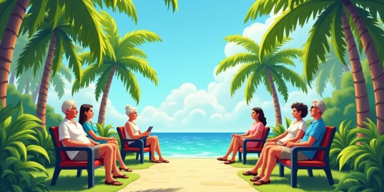 صورة بالذكاء الاصطناعي تحاكي متقاعدين يستمتعون بأجواء طبيعية في وجهة تقاعد مثالية مع مناخ مشمس وخضرة كثيفة.