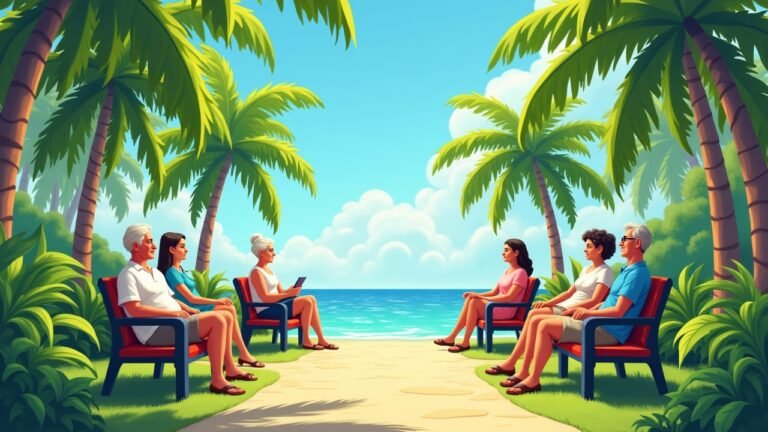 صورة بالذكاء الاصطناعي تحاكي متقاعدين يستمتعون بأجواء طبيعية في وجهة تقاعد مثالية مع مناخ مشمس وخضرة كثيفة.