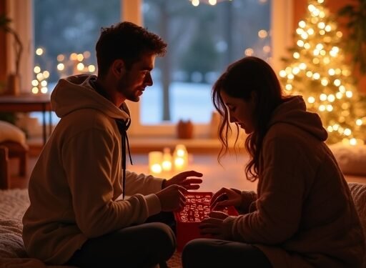 صورة بالذكاء الاصطناعي تحاكي أجواء زوجين يفتتحان تقويماً احتفالياً في منزل سويسري مزين لعيد الميلاد