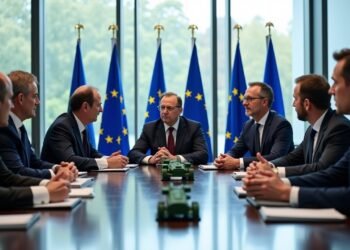 قادة سياسيون أوروبيون في غرفة مؤتمرات حديثة يناقشون استراتيجيات الأمن والدفاع في الاتحاد الأوروبي