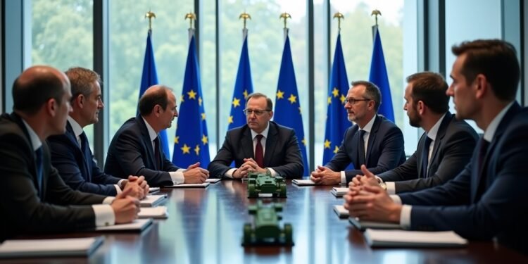 قادة سياسيون أوروبيون في غرفة مؤتمرات حديثة يناقشون استراتيجيات الأمن والدفاع في الاتحاد الأوروبي