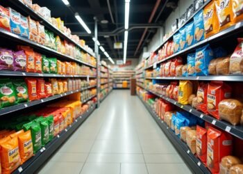 أرفف السوبرماركت مليئة بمنتجات الأغذية عالية التصنيع مثل رقائق البطاطس، المشروبات الغازية، الخبز المعبأ، المخبوزات الجاهزة، وعبوات ملونة متنوعة.