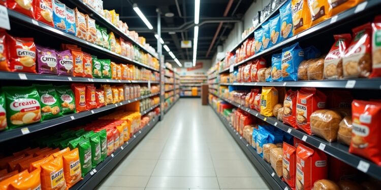 أرفف السوبرماركت مليئة بمنتجات الأغذية عالية التصنيع مثل رقائق البطاطس، المشروبات الغازية، الخبز المعبأ، المخبوزات الجاهزة، وعبوات ملونة متنوعة.