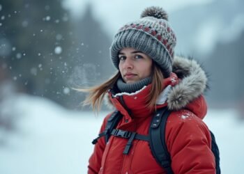 شخص يرتدي ملابس شتوية واقية يقف في الجو البارد مع تنفس واضح فوق الثلوج