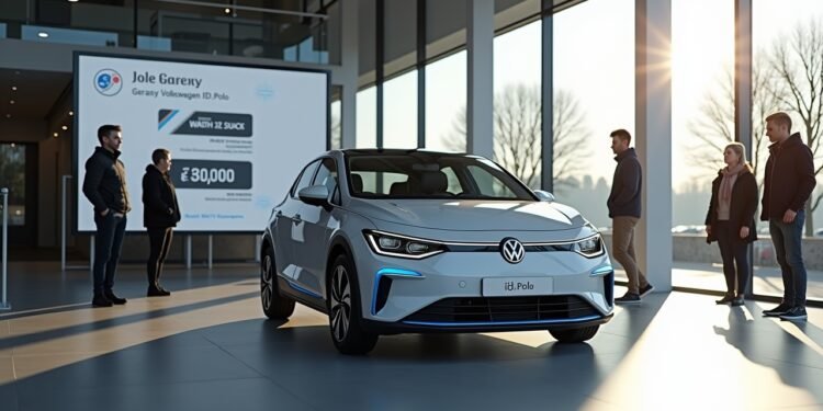 صورة بالذكاء الاصطناعي تحاكي سيارة فولكس فاجن ID.Polo الكهربائية الجديدة داخل معرض سيارات حديث في ألمانيا، يظهر سعر السيارة على شاشة إلكترونية، مع اهتمام العملاء والتصميم العصري للسيارة.