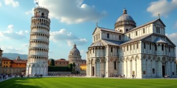 صورة واقعية للبرج المائل في بيزا وساحة المعجزات المحيطة به مع مناظر خضراء تاريخية.