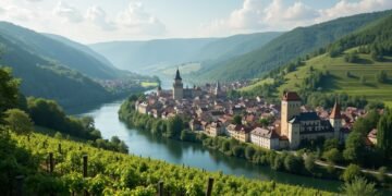 مشهد لوادي الموزل في ألمانيا يظهر الطقس الجميل، الكروم، وقلعة تاريخية