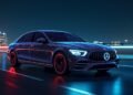صورة لمرسيدس S-Class 2027 مع تصميم أمامي مضيء وشاشات متقدمة.