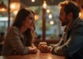 A couple discussing love and relationships in a romantic cafe environment