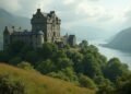 صورة قلعة اسكتلندية قديمة محاطة بالطبيعة الخلابة
