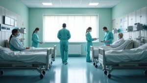 صورة بالذكاء الاصطناعي تحاكي مشهد انتشار الإنفلونزا داخل مستشفى ألماني في موسم 2025 مع طاقم طبي ومصابين