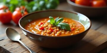 صورة توضح حساء العدس النباتي مع الخضروات على طاولة خشبية