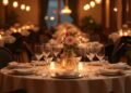 Setting for a romantic dinner with candles and flowers in a restaurant