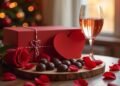 صورة واقعية للاحتفال بعيد الحب مع هدايا مثل الشوكولاتة والورود