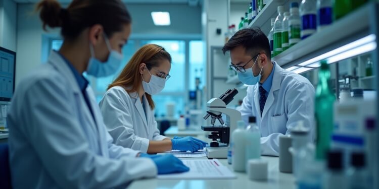 Scientists examining immune cells in a cancer research lab