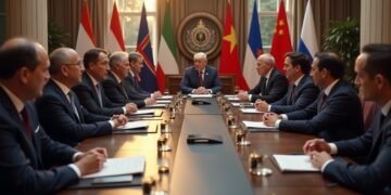 Scene depicting a diplomatic meeting with international representatives discussing issues related to Greenland