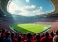 صورة واقعية لملعب كرة قدم مليء بالمشجعين، تعكس الإثارة والقلق