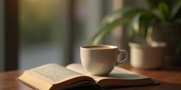 صورة حقيقية لفنجان من الإسبريسو مع كتاب بجانبه