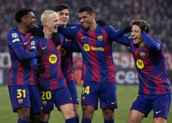 Players of FC Barcelona training at Camp Nou before their match against Real Oviedo