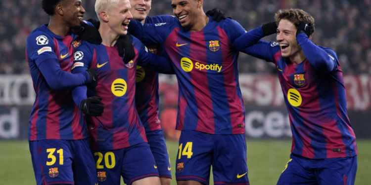 Players of FC Barcelona training at Camp Nou before their match against Real Oviedo