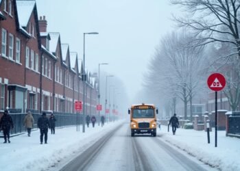 صورة بالذكاء الاصطناعي تحاكي شارعاً في المملكة المتحدة مغطى بالثلوج ومباني مدارس مغلقة وتحذيرات حمراء بسبب عاصفة جوريتى