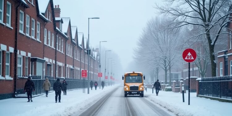 صورة بالذكاء الاصطناعي تحاكي شارعاً في المملكة المتحدة مغطى بالثلوج ومباني مدارس مغلقة وتحذيرات حمراء بسبب عاصفة جوريتى