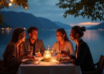 Dinner setting on Lake Zurich for Valentine's Day with couples enjoying a romantic atmosphere