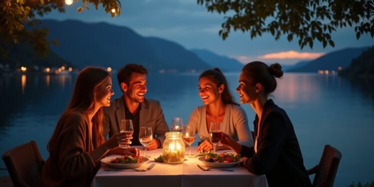 Dinner setting on Lake Zurich for Valentine's Day with couples enjoying a romantic atmosphere