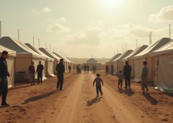 صورة لمعسكر لاجئين سوريين مع خيام وعائلات في الخلفية.