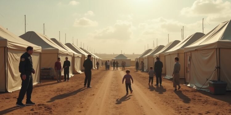 صورة لمعسكر لاجئين سوريين مع خيام وعائلات في الخلفية.