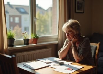 صورة بالذكاء الاصطناعي تحاكي امرأة متوسطة العمر في شقة ألمانية بسيطة تراجع أوراقاً مالية لموضوع دعم الخروج من الدعارة
