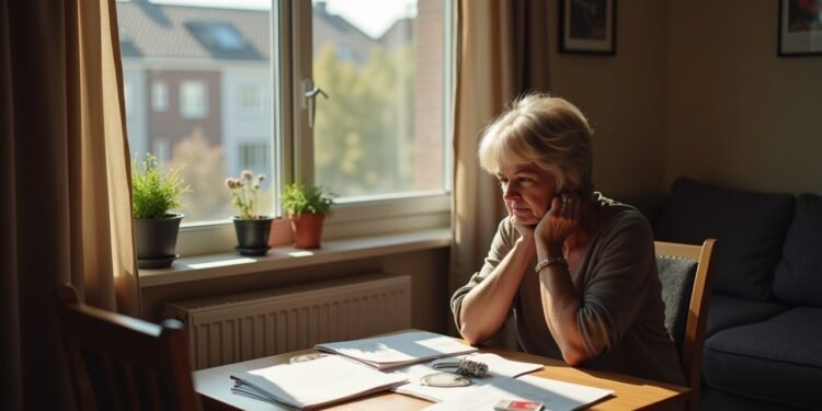 صورة بالذكاء الاصطناعي تحاكي امرأة متوسطة العمر في شقة ألمانية بسيطة تراجع أوراقاً مالية لموضوع دعم الخروج من الدعارة