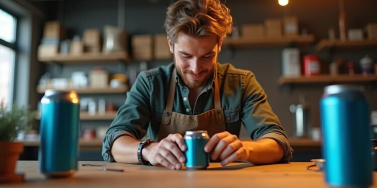 شاب يعمل في ورشة لصنع حاملي علب البيرة ثلاثية الأبعاد