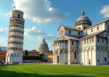صورة واقعية للبرج المائل في بيزا وساحة المعجزات المحيطة به مع مناظر خضراء تاريخية.