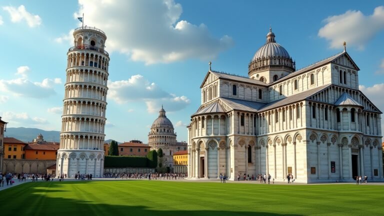 صورة واقعية للبرج المائل في بيزا وساحة المعجزات المحيطة به مع مناظر خضراء تاريخية.