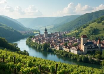 مشهد لوادي الموزل في ألمانيا يظهر الطقس الجميل، الكروم، وقلعة تاريخية