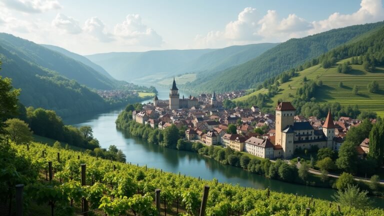 مشهد لوادي الموزل في ألمانيا يظهر الطقس الجميل، الكروم، وقلعة تاريخية