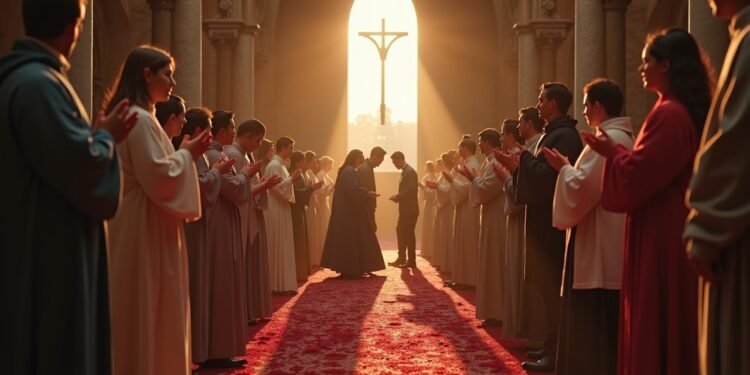 Couples receiving blessings from priests in Ludwigsburg castle during Valentine's celebration.