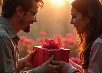 A romantic scene depicting people celebrating Valentine's Day by exchanging gifts and flowers in a cozy environment.