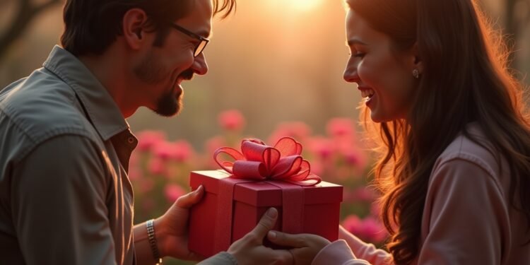 A romantic scene depicting people celebrating Valentine's Day by exchanging gifts and flowers in a cozy environment.