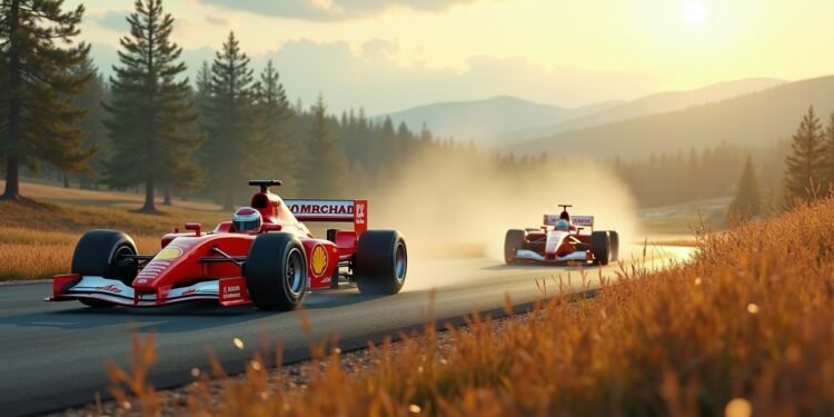 Tribute scene for Michael Schumacher featuring race cars and nature.