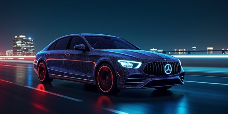صورة لمرسيدس S-Class 2027 مع تصميم أمامي مضيء وشاشات متقدمة.