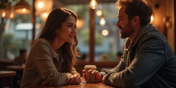 A couple discussing love and relationships in a romantic cafe environment