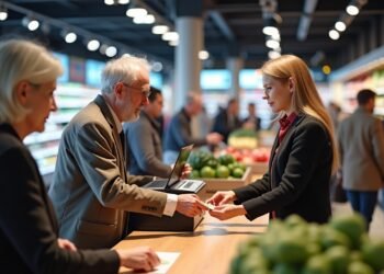 صورة بالذكاء الاصطناعي تحاكي مشهد الدفع النقدي والرقمي في متجر ألماني مع ظهور عملاء كبار السن وشباب أمام صناديق الخدمة الذاتية والصناديق التقليدية.