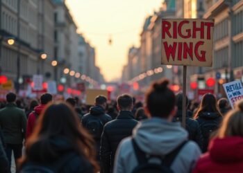 صورة واقعية لشارع مزدحم في برلين يظهر علامات على التطرف اليميني