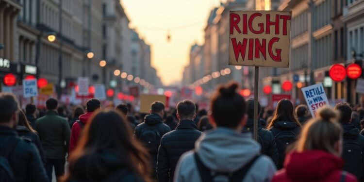 صورة واقعية لشارع مزدحم في برلين يظهر علامات على التطرف اليميني