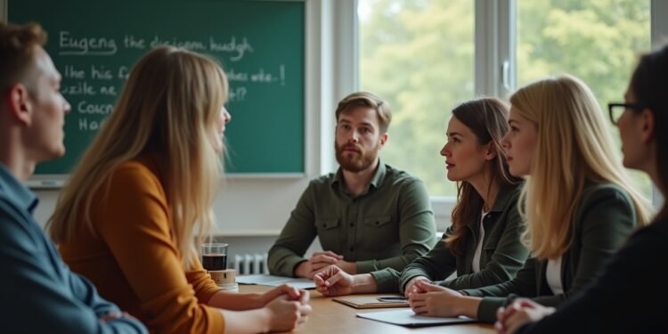 مجموعة من الشباب الألمان خلال مناقشة حول التعليم الصحي الجنسي في فصل دراسي