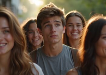 A young adult appearing anxious in a group of smiling friends, reflecting psychological concerns about happiness.