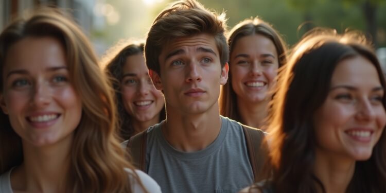 A young adult appearing anxious in a group of smiling friends, reflecting psychological concerns about happiness.