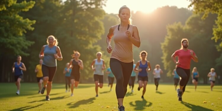 أشخاص يمارسون تمارين هوائية في الهواء الطلق